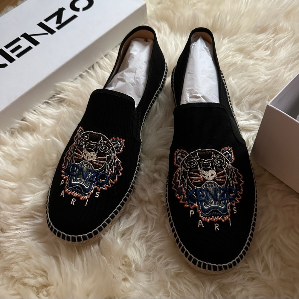 Kenzo Black Slip-On Loafers with Embroidered Tiger